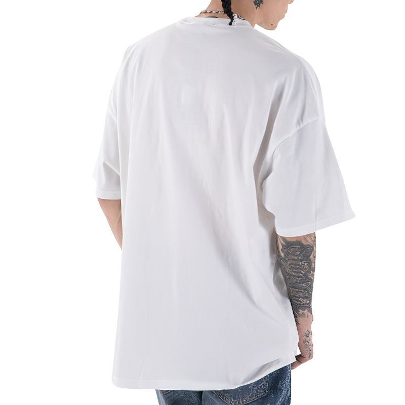 Back view of a unisex casual loose gothic style T-shirt in white, perfect for a relaxed rock-inspired look.