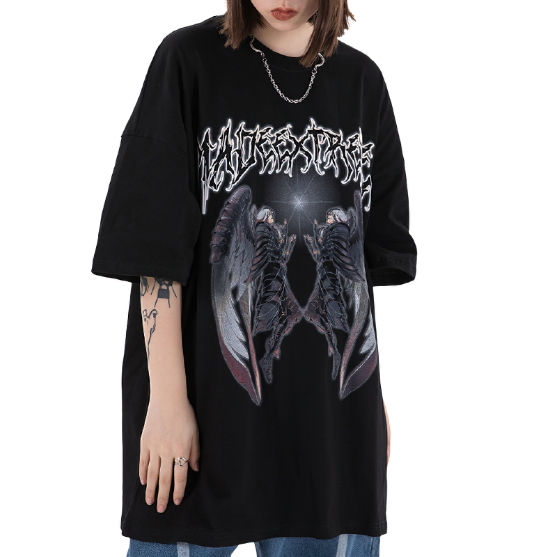 Unisex Gothic style loose t-shirt in black with striking graphic design, perfect for casual rock fashion.