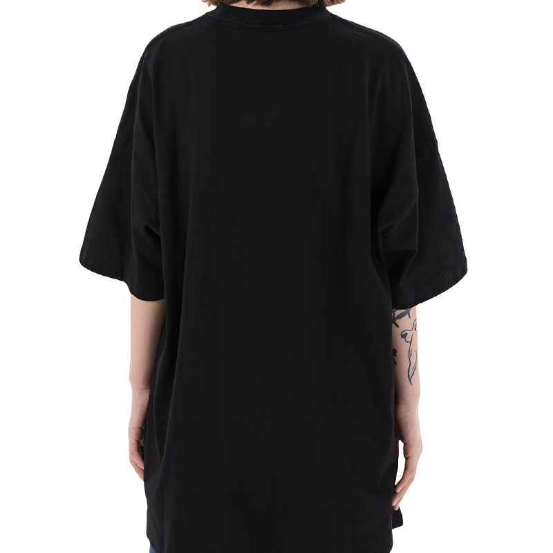 Back view of a black casual loose gothic style t-shirt for men and women, perfect for warm days and rock fashion.