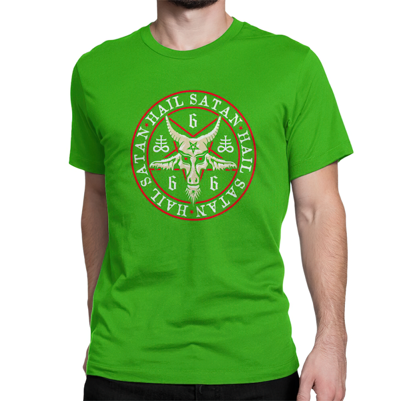 Gothic style green t-shirt for men with pentagram and 'Hail Satan' print, perfect for a bold statement outfit.