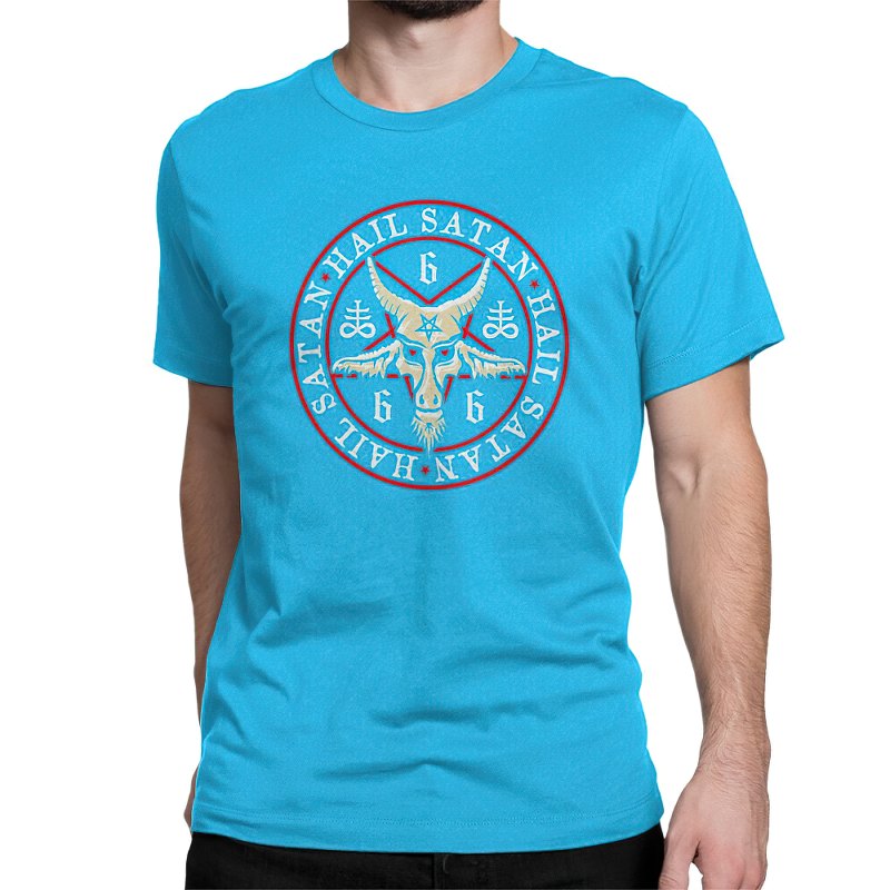 Gothic style T-shirt for men featuring a vibrant blue cotton fabric and striking pentagram print.