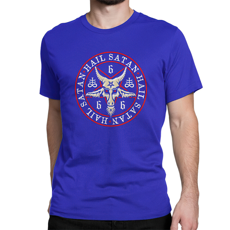 Gothic style blue T-shirt featuring an eye-catching Hail Satan pentagram print for men.