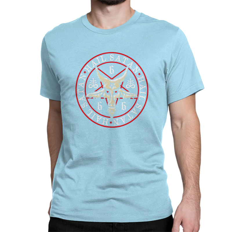 Gothic style t-shirt for men featuring pentagram and goat skull print, perfect for edgy outfits.