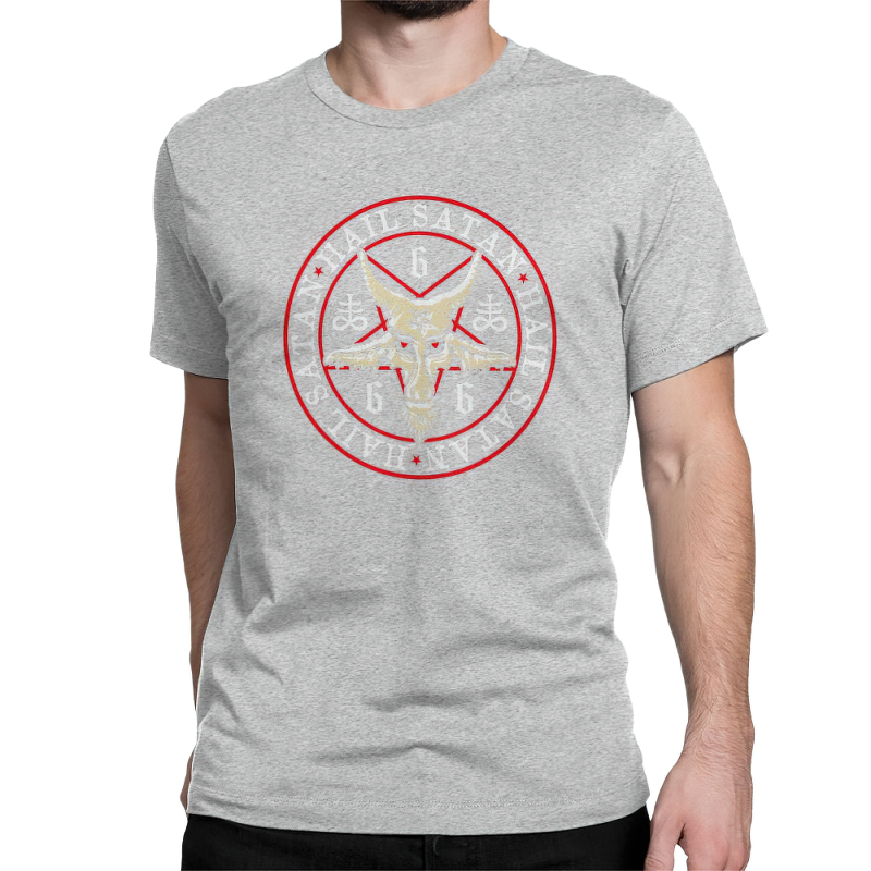 Men's Gothic T-Shirt featuring a cotton pentagram print in grey with devilish design.