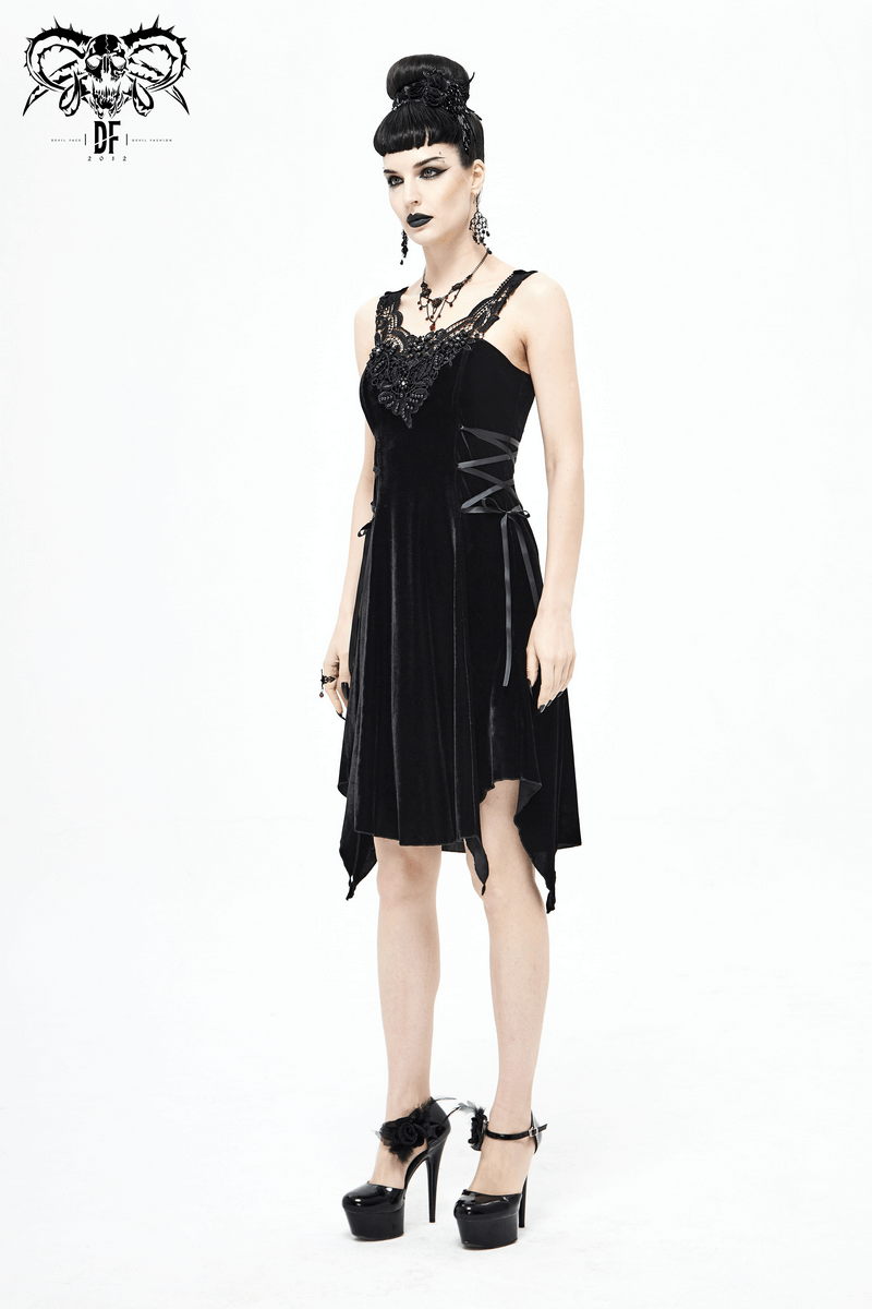 Gothic Style Velvet Sleeveless Irregular Dress / Short Dress with Lace-up on Both Side - HARD'N'HEAVY