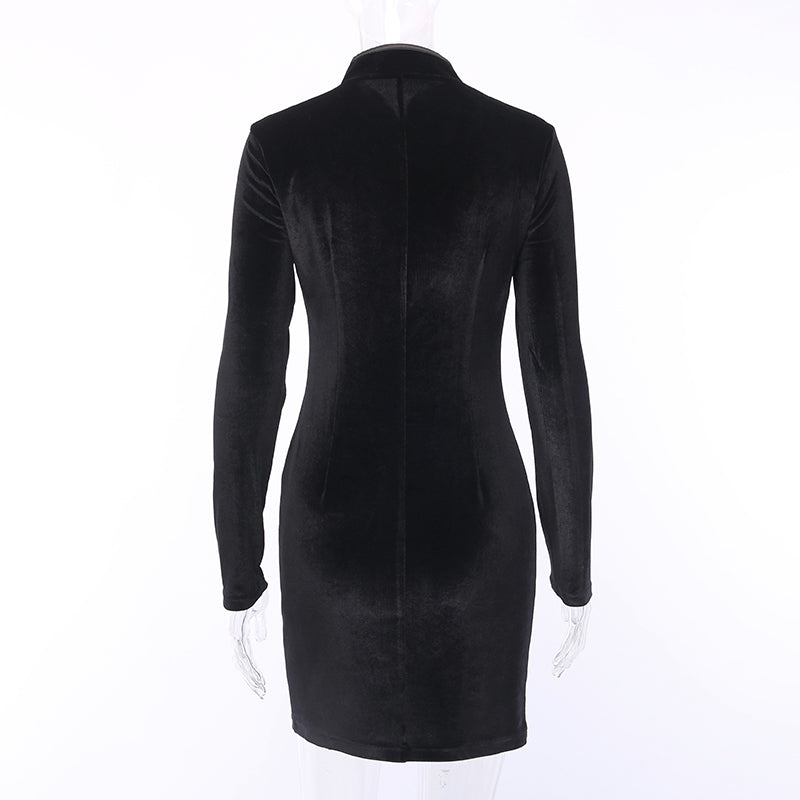 Back view of a gothic style black velvet women dress with mandarin collar, perfect for alternative fashion looks.