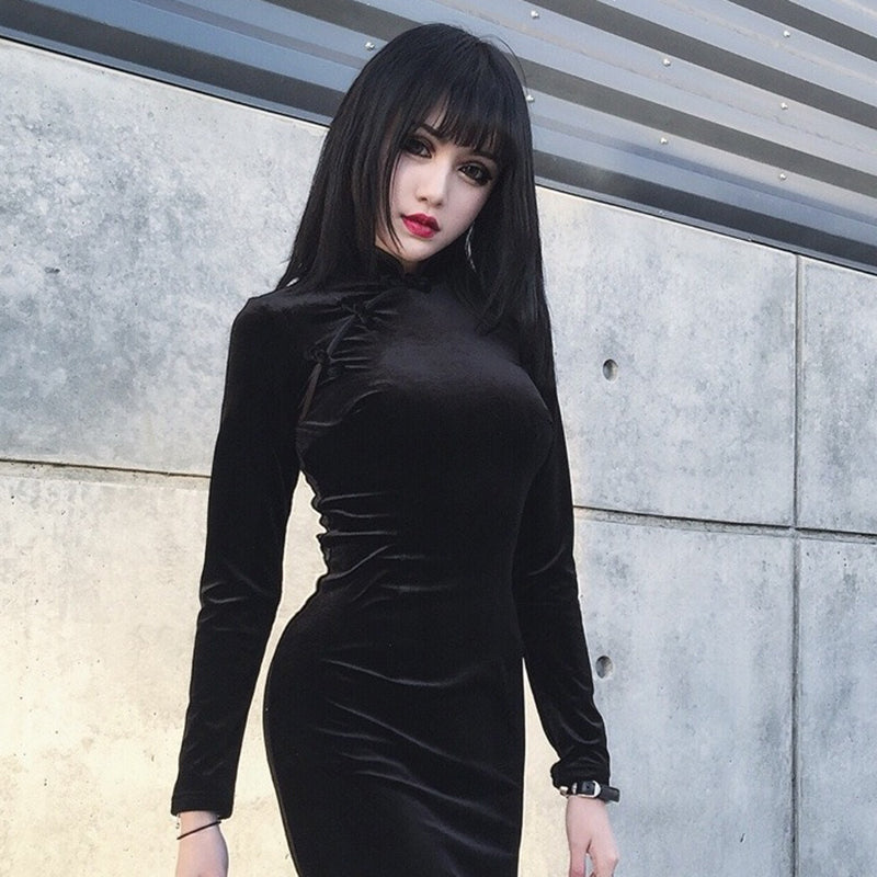 Gothic style velvet dress for women featuring a mandarin collar and elegant design, perfect for alternative fashion.