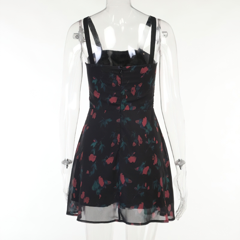 Gothic Style Vintage Sexy Dress With Flower Print / Women's Aesthetic Sleeveless Clothing - HARD'N'HEAVY