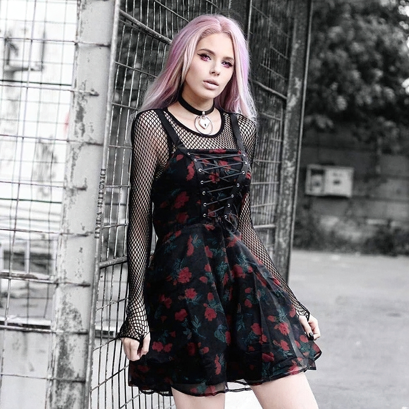 Gothic Style Vintage Sexy Dress With Flower Print / Women's Aesthetic Sleeveless Clothing - HARD'N'HEAVY