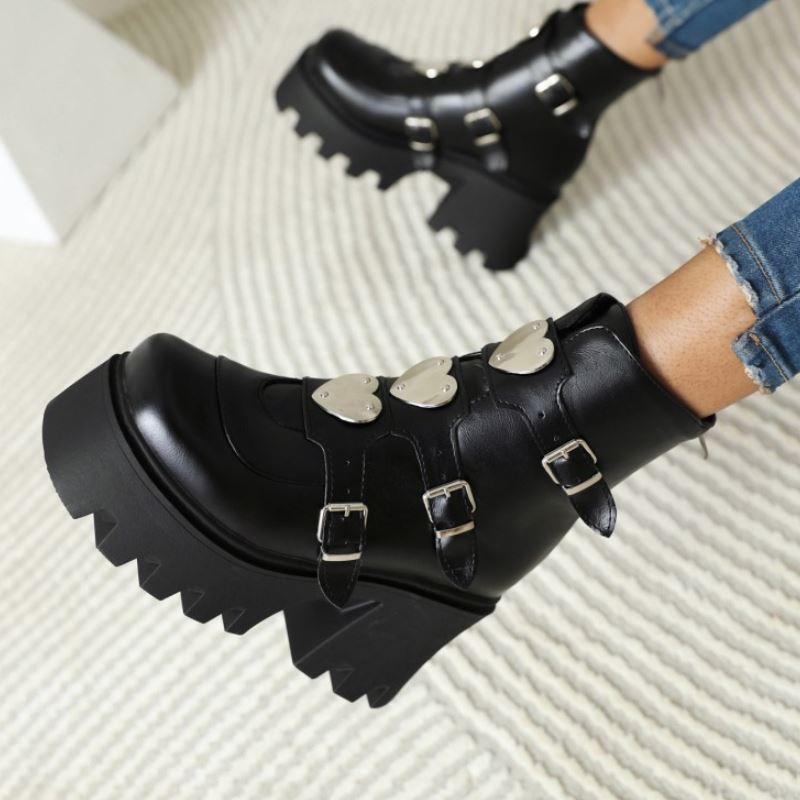 Gothic Style Women's Black Ankle Boots / Metal Heart Buckle Shoes / Cool Ladies Boots - HARD'N'HEAVY
