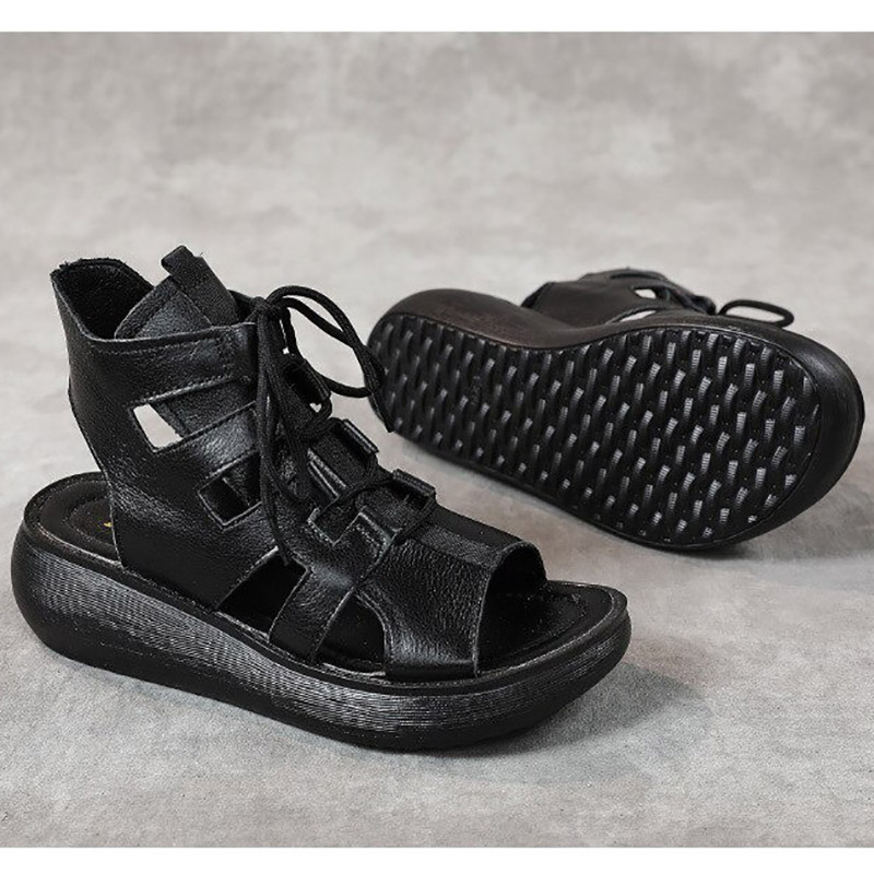 Gothic style women's genuine leather sandals with cutouts and laces, perfect for alternative fashion and comfort.