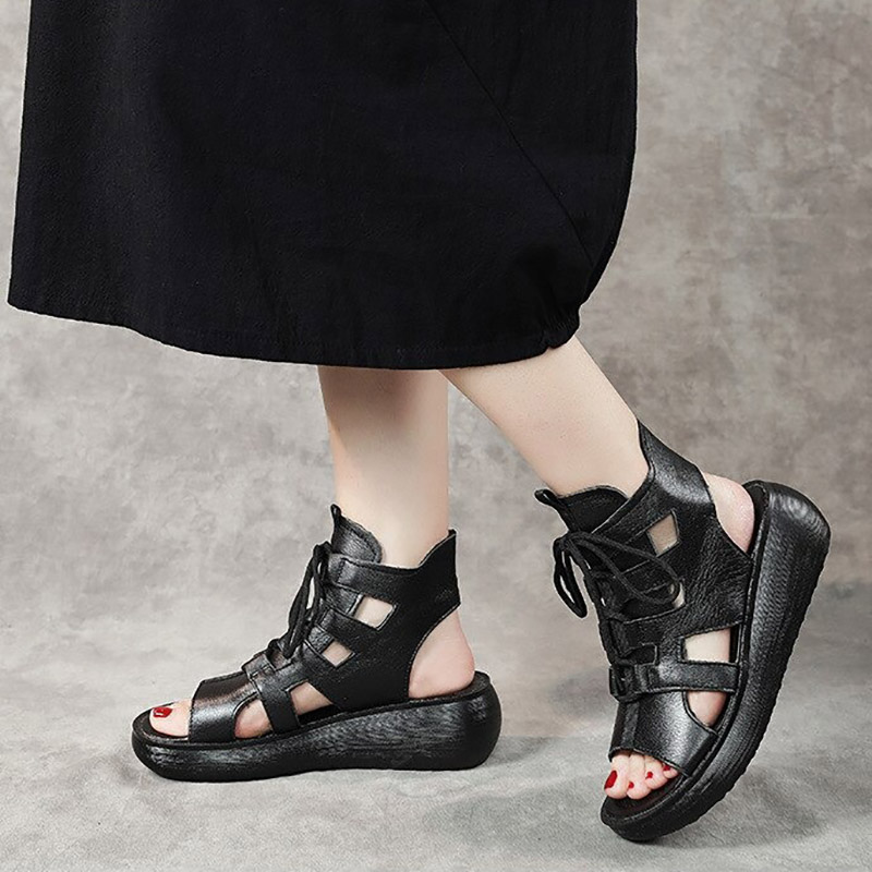Gothic style women's genuine leather sandals with stylish cutouts, perfect for alternative fashion lovers.