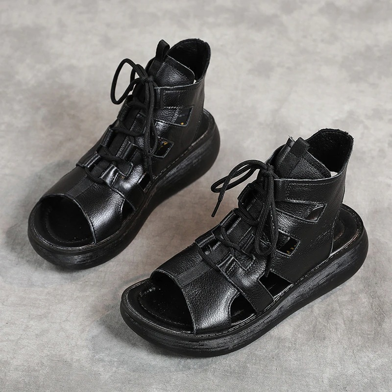 Gothic style women's genuine leather sandals, stylish and comfortable with shock-absorbent features.