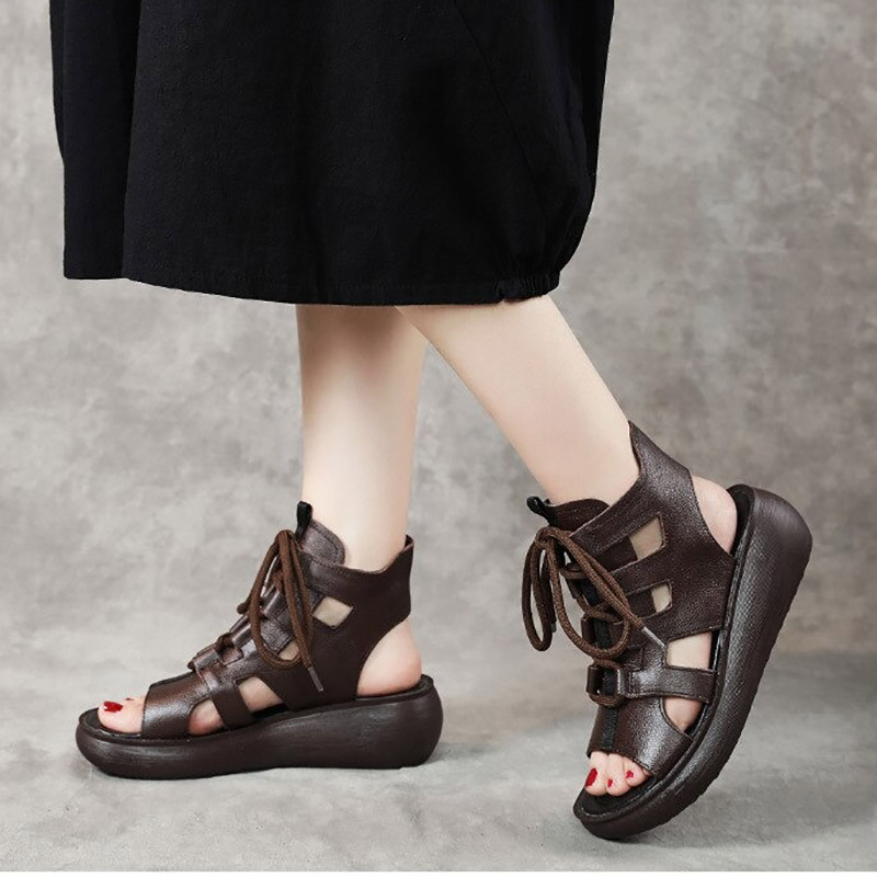Gothic style women's genuine leather sandals in dark brown, offering comfort and alternative fashion for stylish wear.