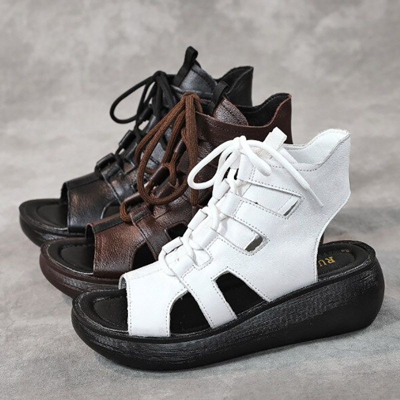 Gothic style women's genuine leather sandals in black, brown, and white, perfect for alternative fashion lovers.