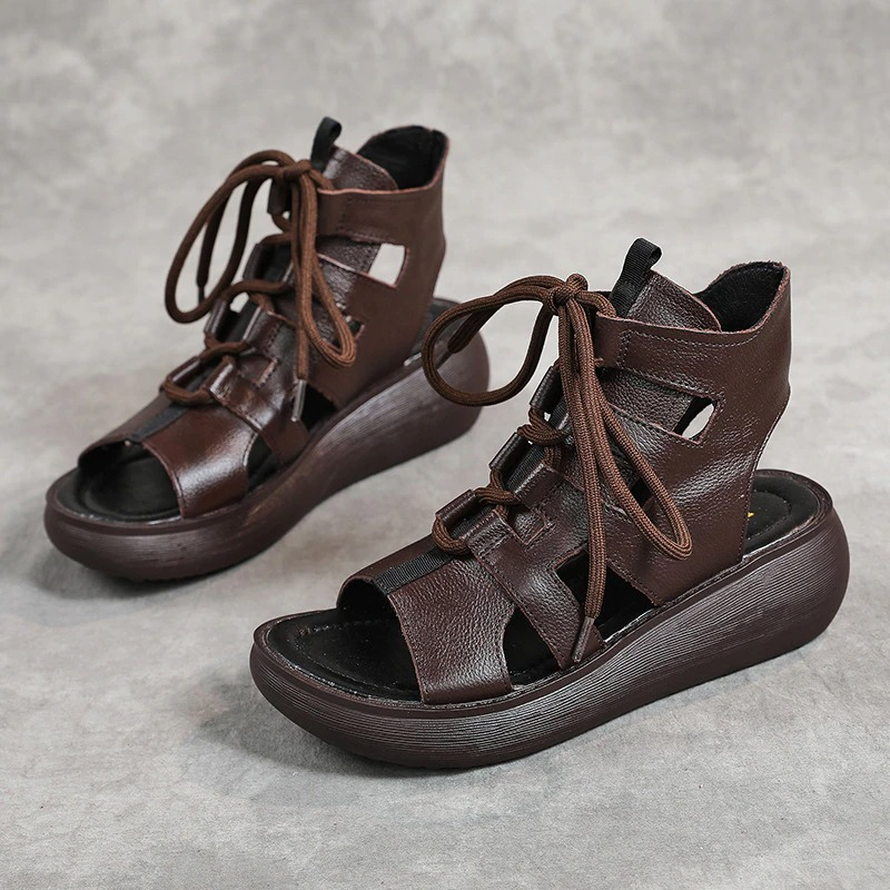 Stylish Gothic style women's brown genuine leather sandals with lace-up design, perfect for alternative fashion lovers.