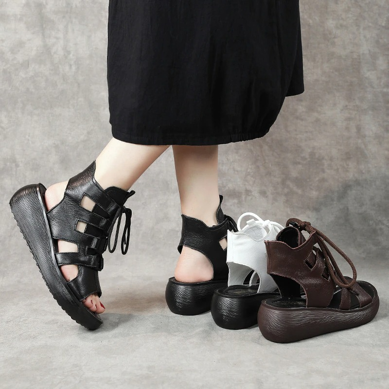 Gothic style women's genuine leather sandals in black and brown, showcasing comfort and style for alternative fashion lovers.