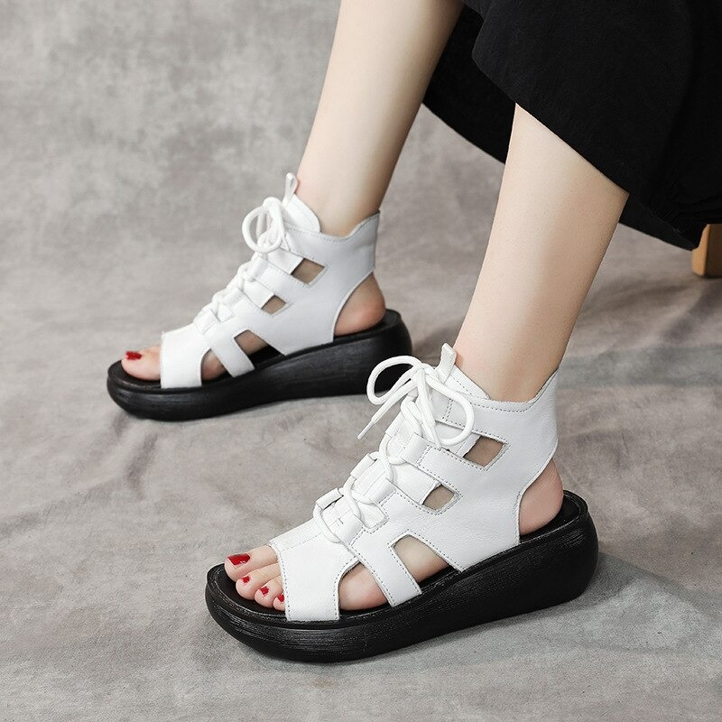 Gothic style women's genuine leather sandals with a modern design, featuring a white color and stylish cut-outs.