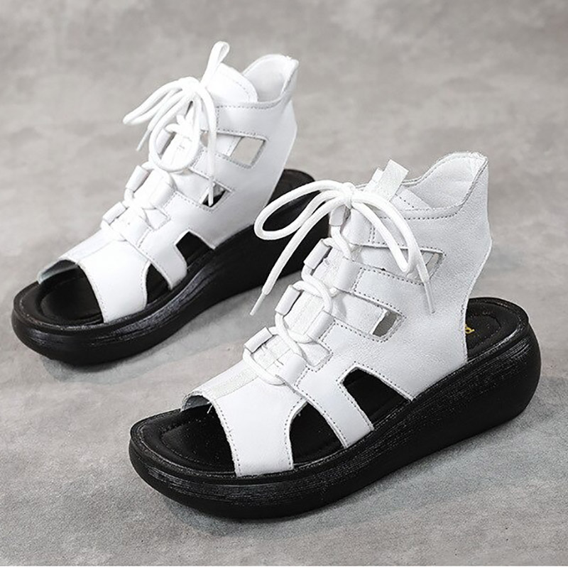 Gothic style women's genuine leather sandals, white color with lace-up design and comfortable shock-absorbing sole.