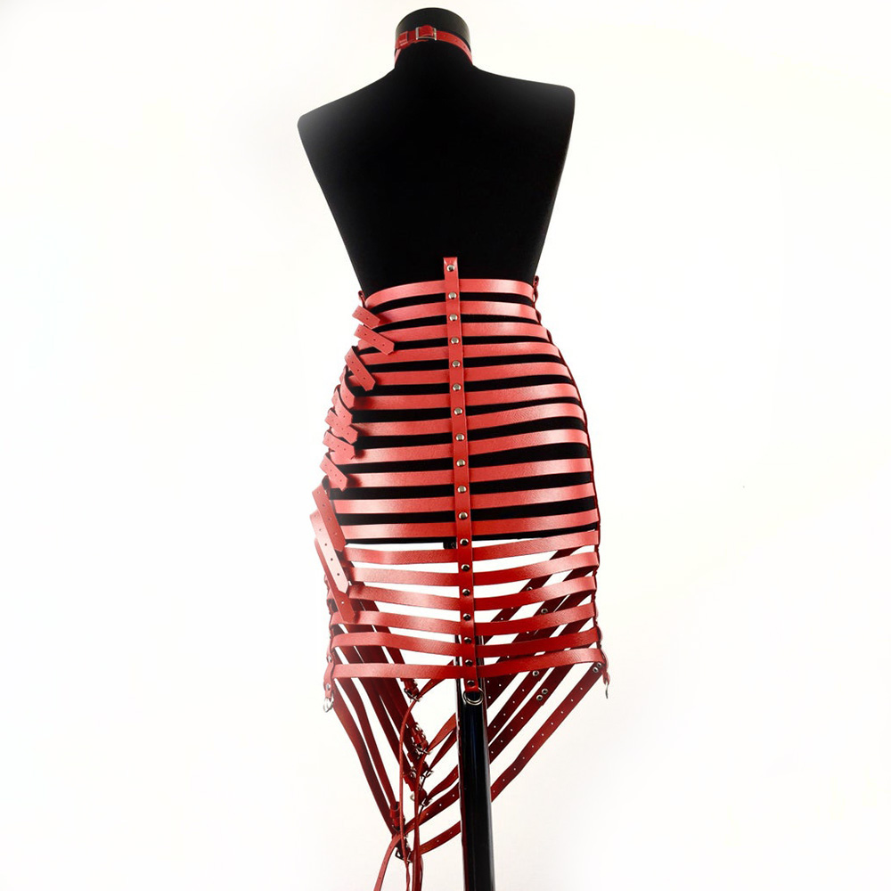 Gothic style PU leather harness skirt in red with silver fittings, perfect for a sexy bondage look.