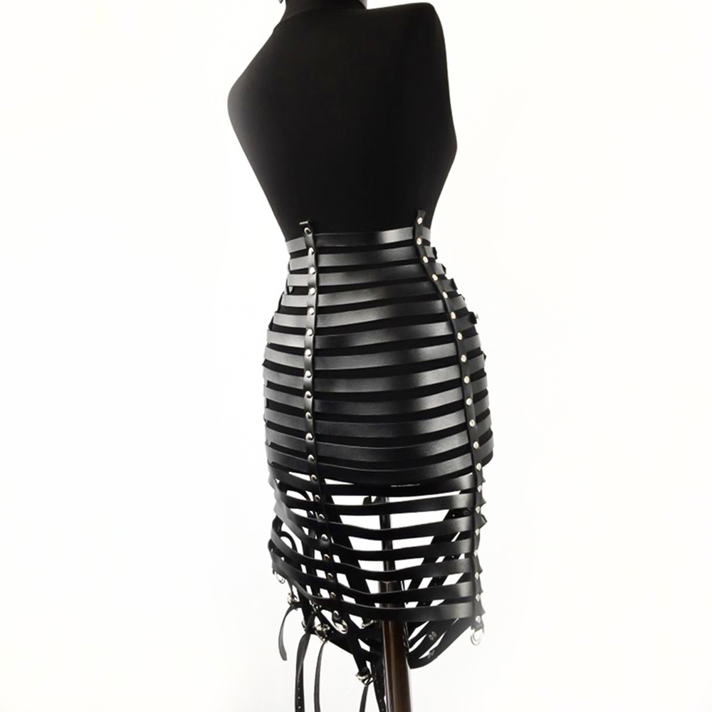 Gothic women's PU leather harness skirt featuring silver fittings and unique strappy design.