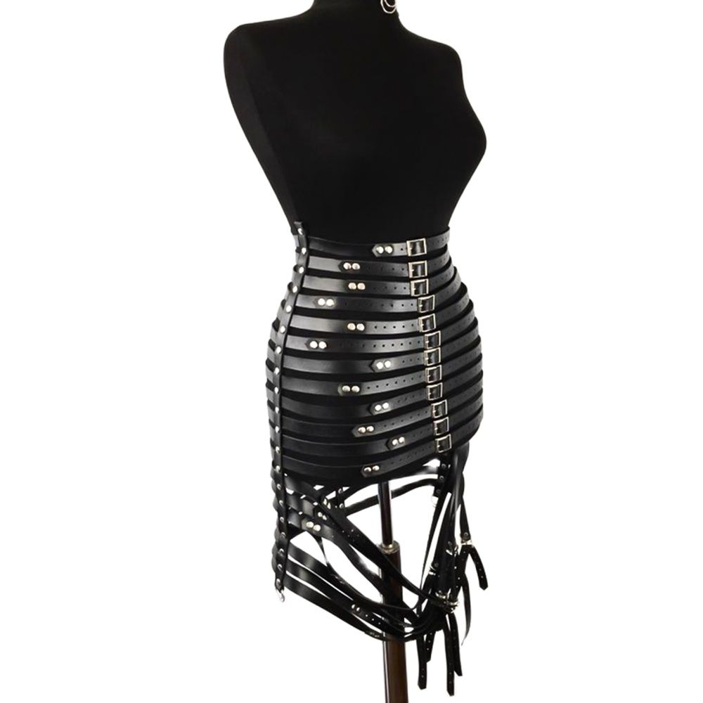 Gothic style women's PU leather harness dress with silver fittings, perfect for bold bondage fashion.