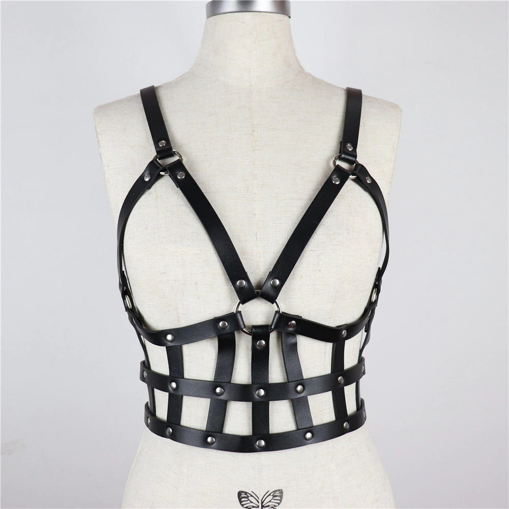 Gothic style women's synthetic leather harness, showcasing sexy full body bondage straps and chic design.