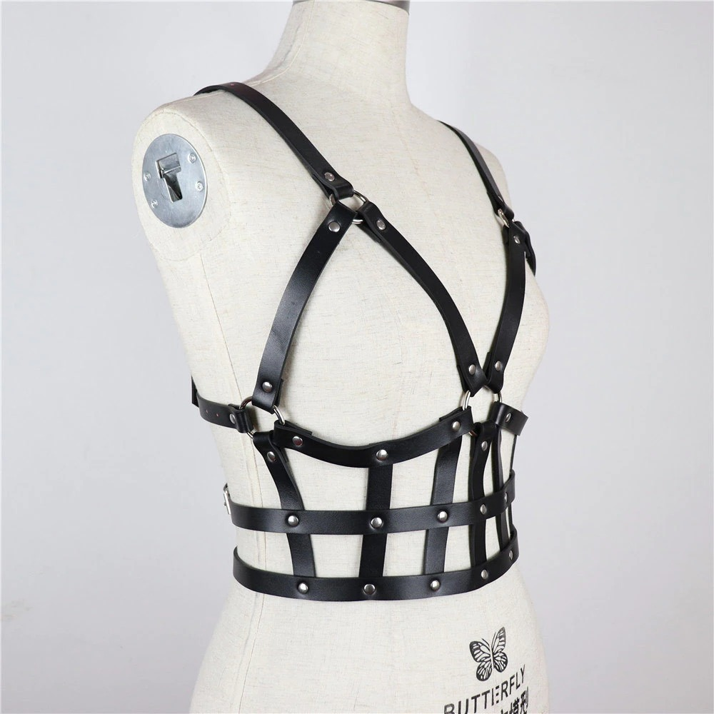 Gothic style women's synthetic leather harness designed for comfort and bold fashion statements.