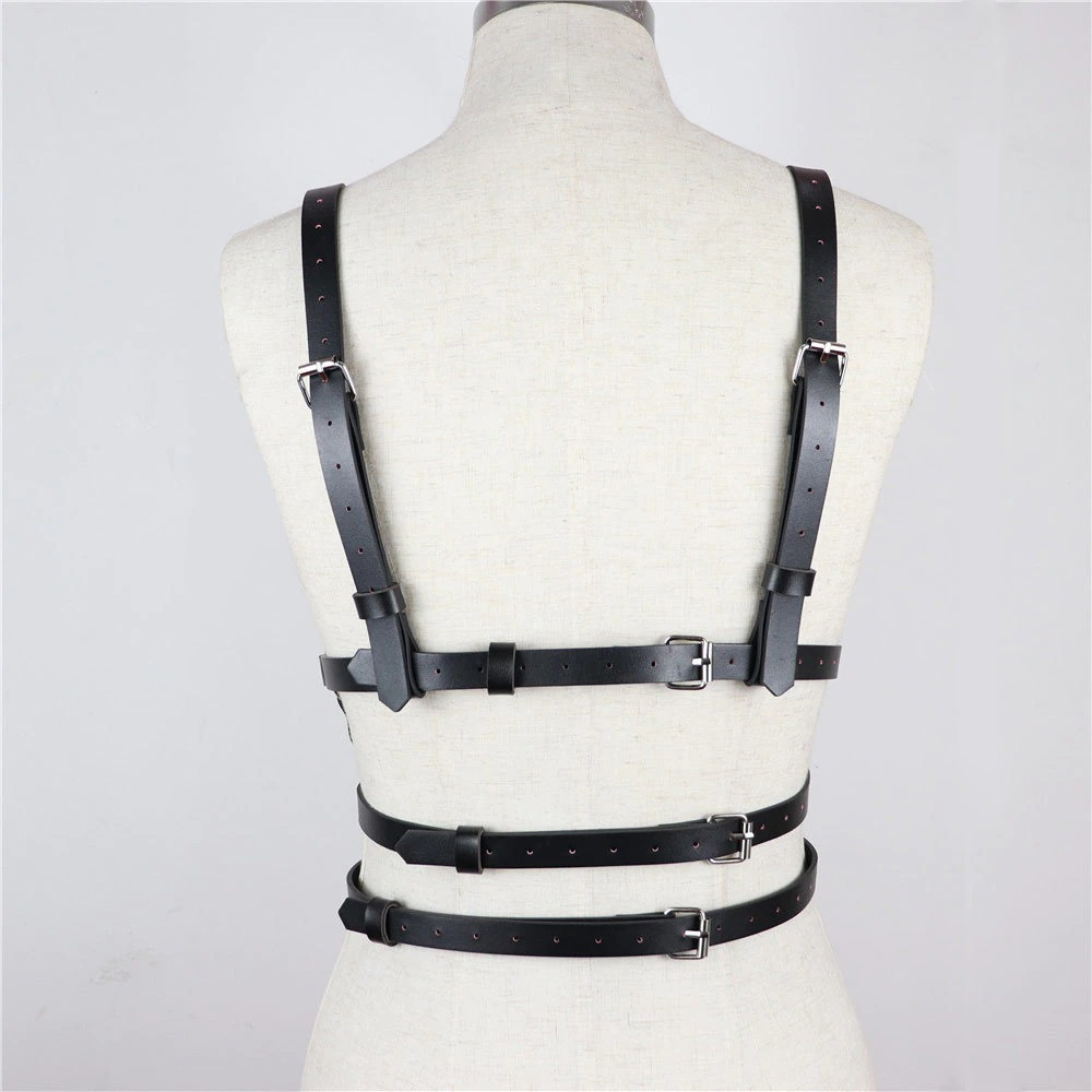 Gothic style women's synthetic leather harness, showcasing sleek straps at the back for edgy bondage fashion.