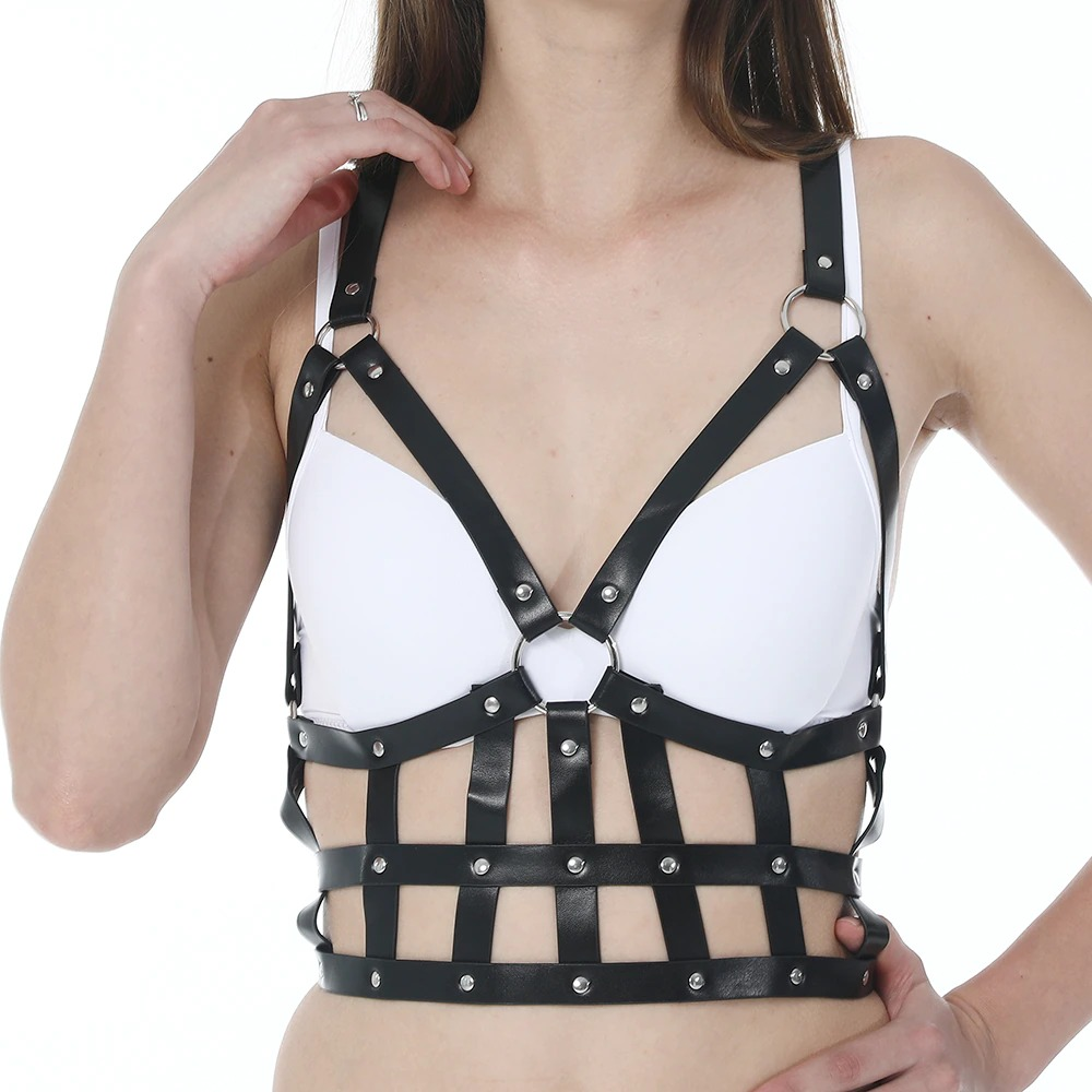 Gothic style women's synthetic leather harness with bondage straps for a bold, sexy look and comfortable fit.