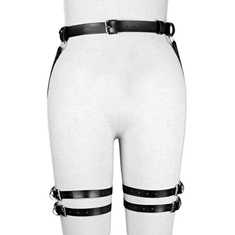 Gothic style women's synthetic leather harness showcasing adjustable bondage straps for a sexy and edgy look.