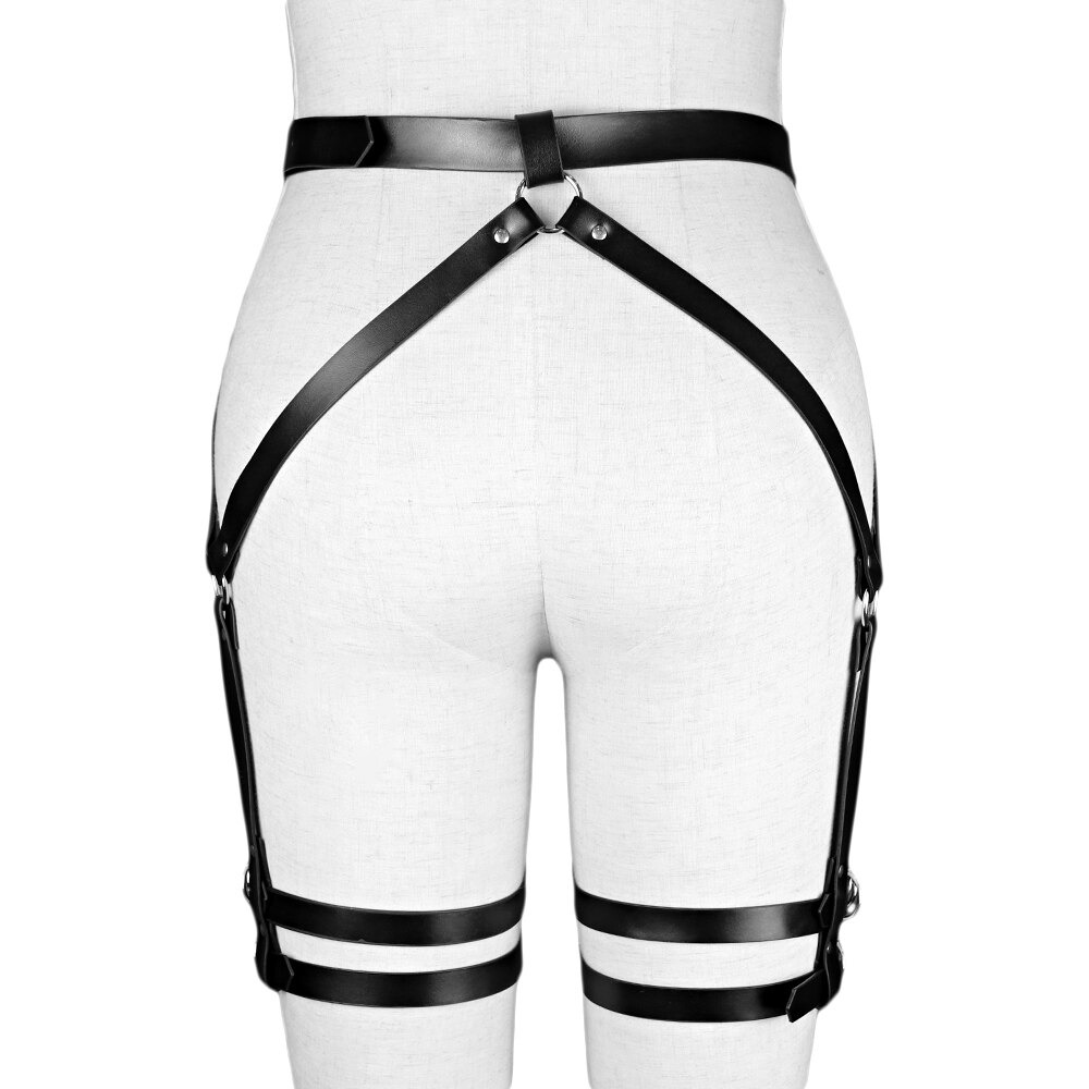 Gothic style women's synthetic leather harness showcasing sexy bondage straps for a stylish look.
