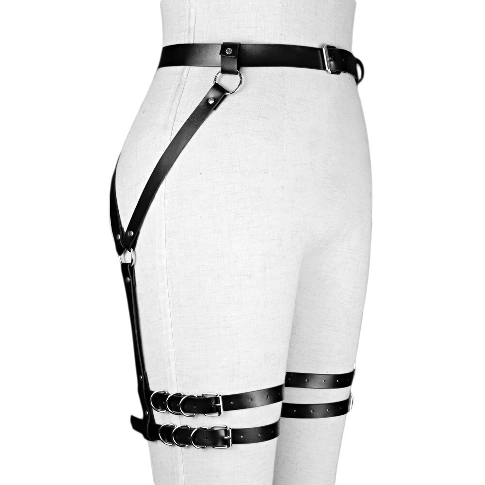 Gothic style women's synthetic leather harness with bondage straps accentuating the figure.