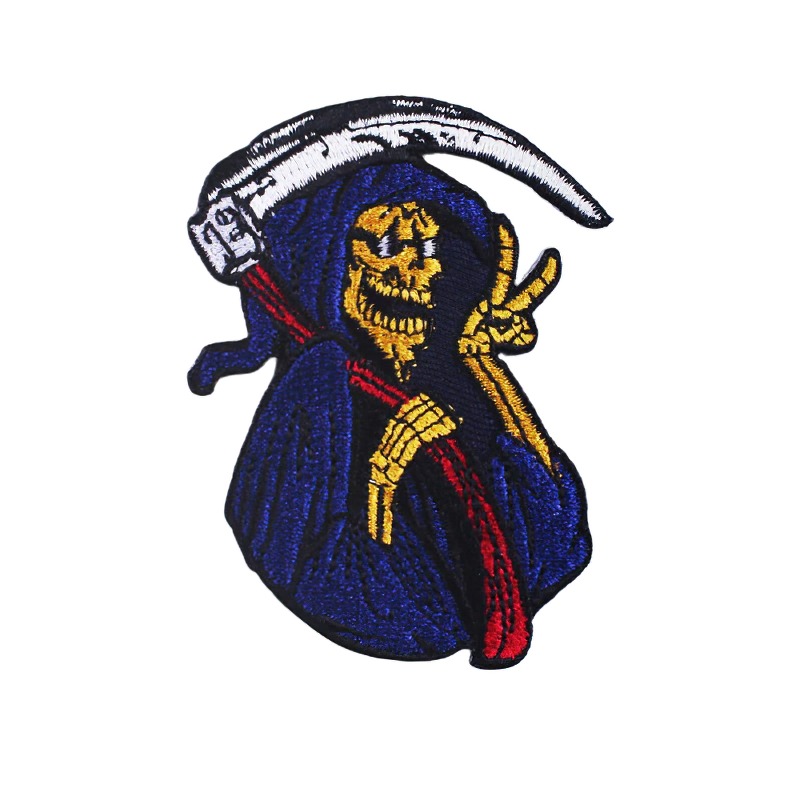 Gothic unisex patch of death with a scythe, featuring a playful skeleton in a blue robe, perfect for stylish outfits.