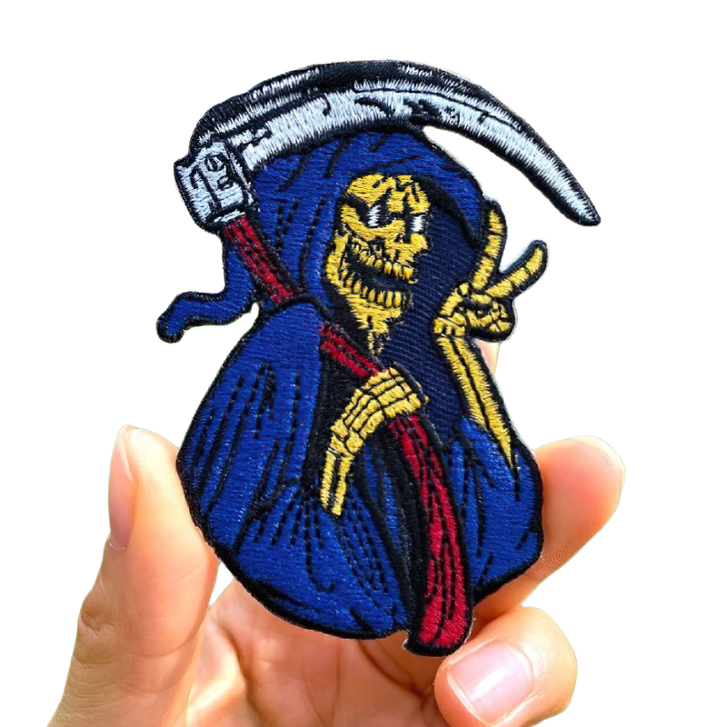 Gothic unisex patch featuring Death with a scythe, colorful embroidery, perfect for adding style to any outfit.