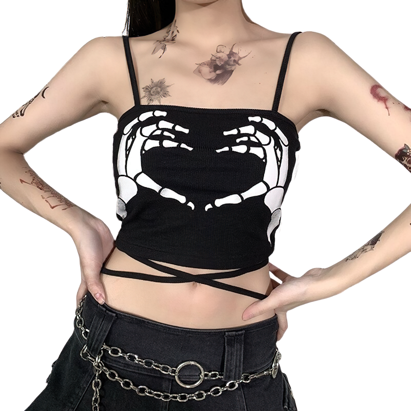 Gothic Tank Top With Skeleton Hands Printed For Women / Casual Rock Style Streetwear - HARD'N'HEAVY