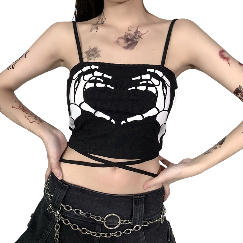 Women’s black gothic tank top with skeleton hands print for casual rock style streetwear.