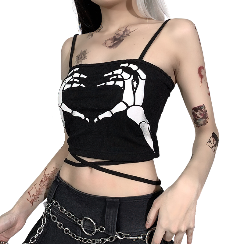 Gothic Tank Top With Skeleton Hands Printed For Women / Casual Rock Style Streetwear - HARD'N'HEAVY
