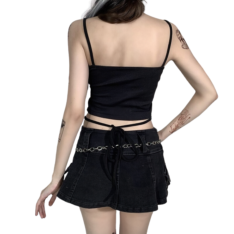 Back view of a stylish black gothic tank top paired with a denim skirt, perfect for casual rock streetwear.