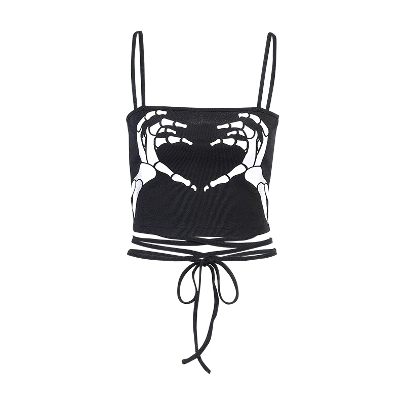Gothic black tank top with skeleton hands print for women, perfect for casual rock style streetwear.