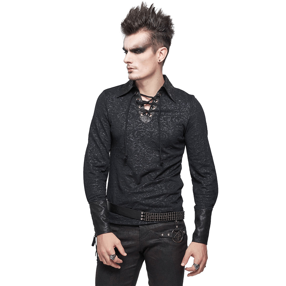 Gothic Turn-down Collar Strappy Shirt / Jacquard Long Sleeve Shirt with Lace Up - HARD'N'HEAVY