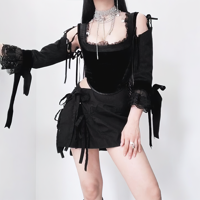 Gothic Velvet Black Women's Top / Romantic Patchwork Bandage Open Shoulder Crop Tee Top - HARD'N'HEAVY