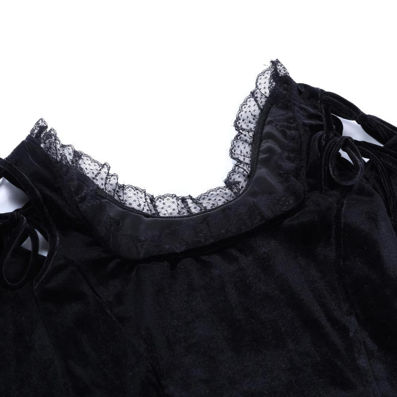Gothic Velvet Black Women's Top / Romantic Patchwork Bandage Open Shoulder Crop Tee Top - HARD'N'HEAVY