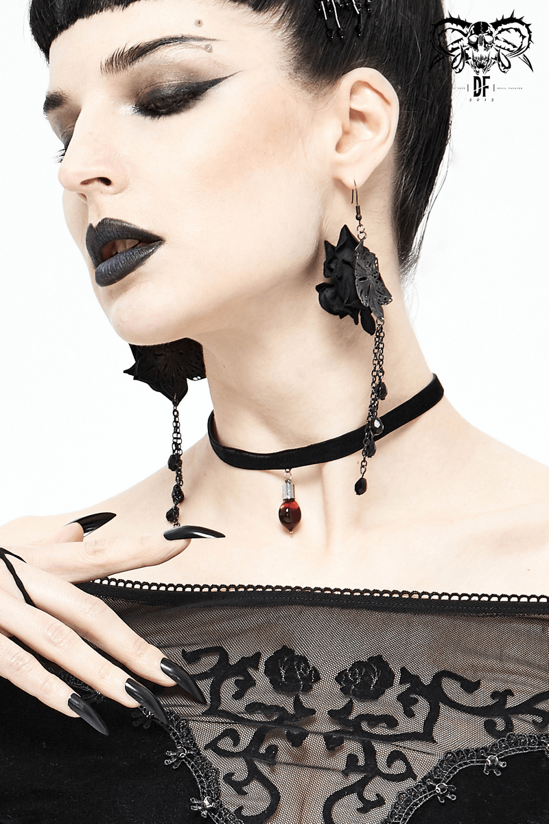 Gothic Velvet Choker With Red Stone / Women's Black Choker with Pendant / Female Accessories - HARD'N'HEAVY