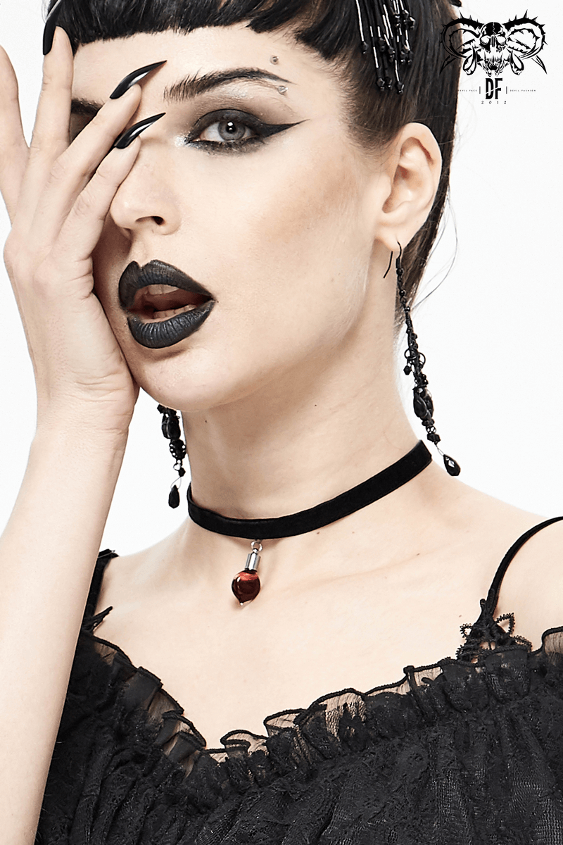 Gothic Velvet Choker With Red Stone / Women's Black Choker with Pendant / Female Accessories - HARD'N'HEAVY