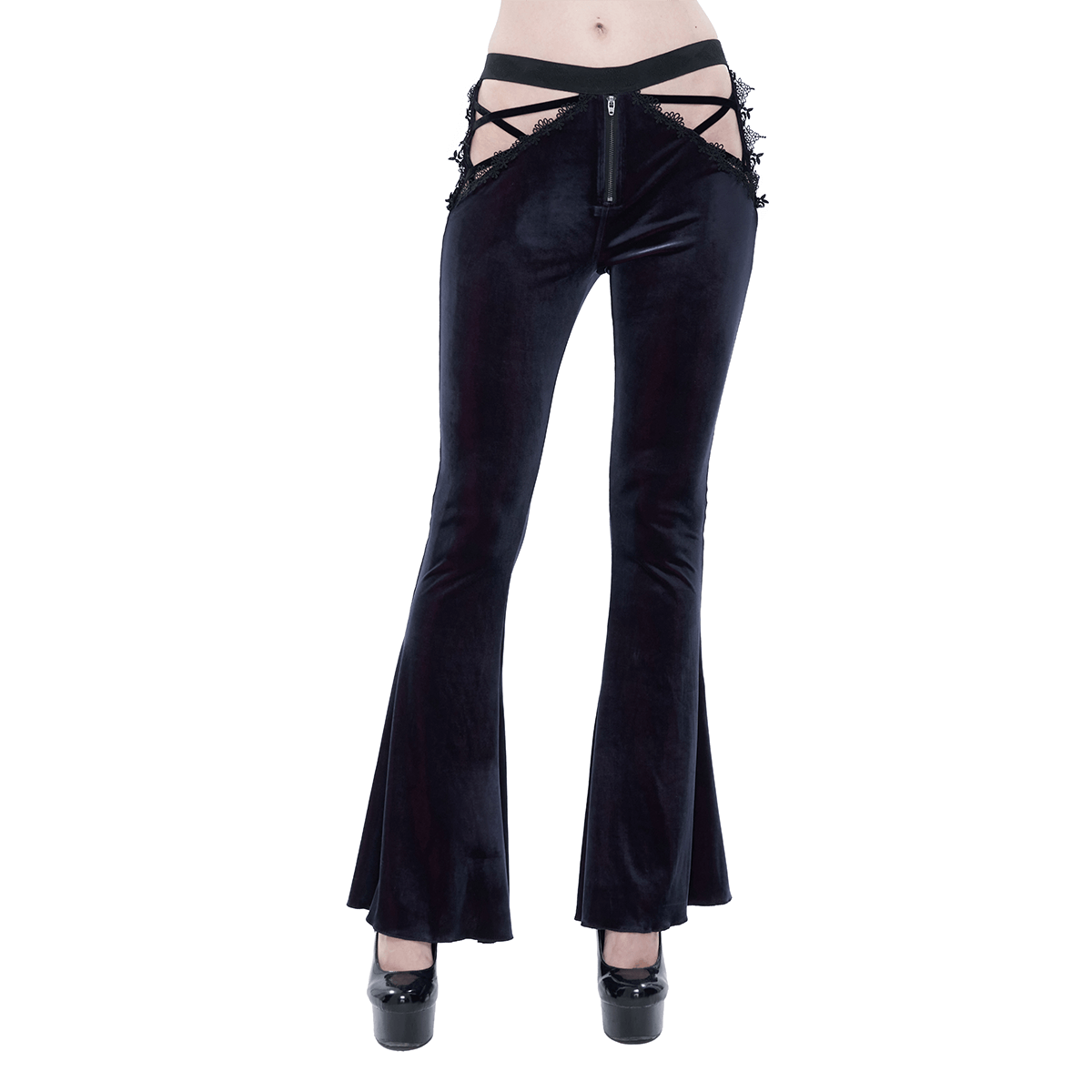 Gothic Velvet Hollow Out Flared Trousers / Sexy Lace Applique Zipper Pants - HARD'N'HEAVY