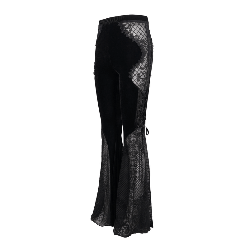 Gothic Velvet Lace Ttansparent Flared Trousers / Sexy Lace Applique Pants With Lace up on Sides - HARD'N'HEAVY