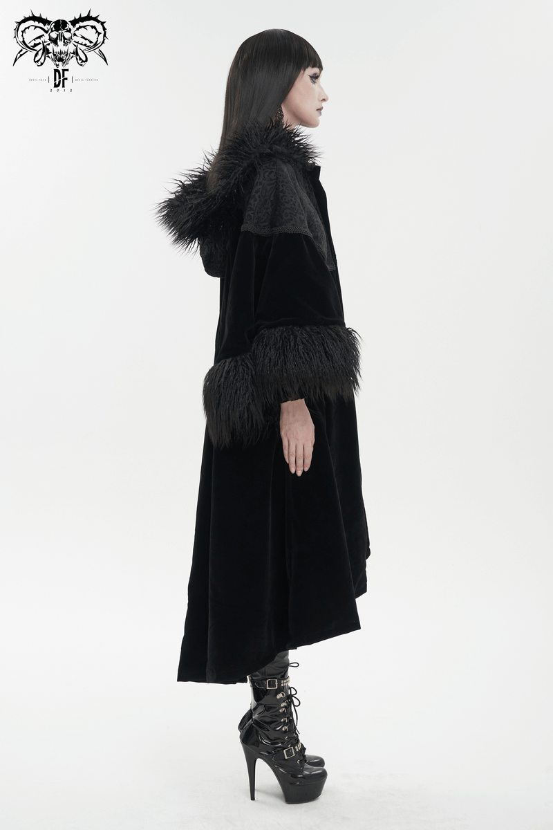 Gothic velvet long cape with fur hood and wide sleeves, showcasing a stylish black design for striking fashion statements.