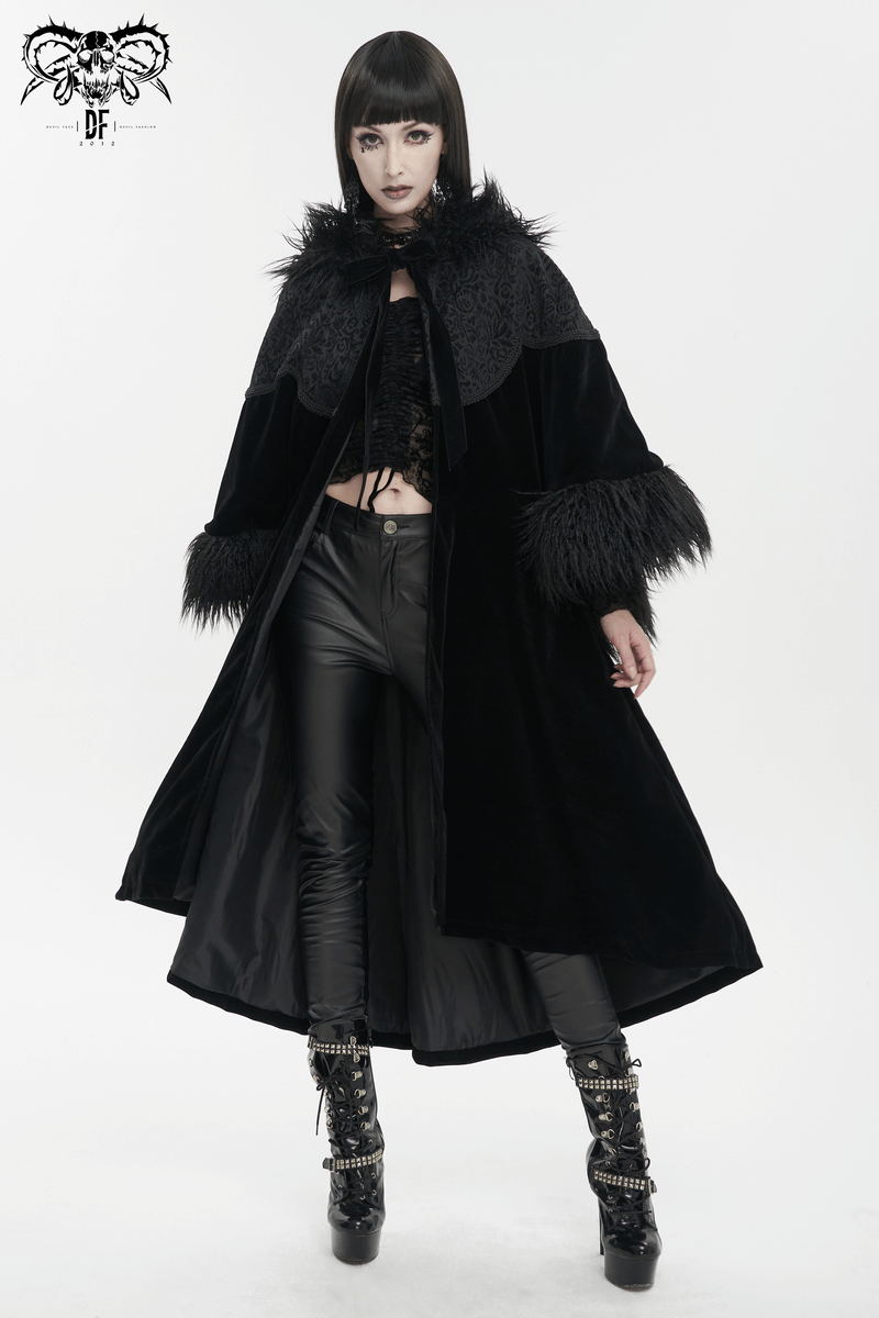 Gothic velvet long cape with fur hood and wide sleeves, styled for a chic look in black, perfect for a gothic wardrobe.