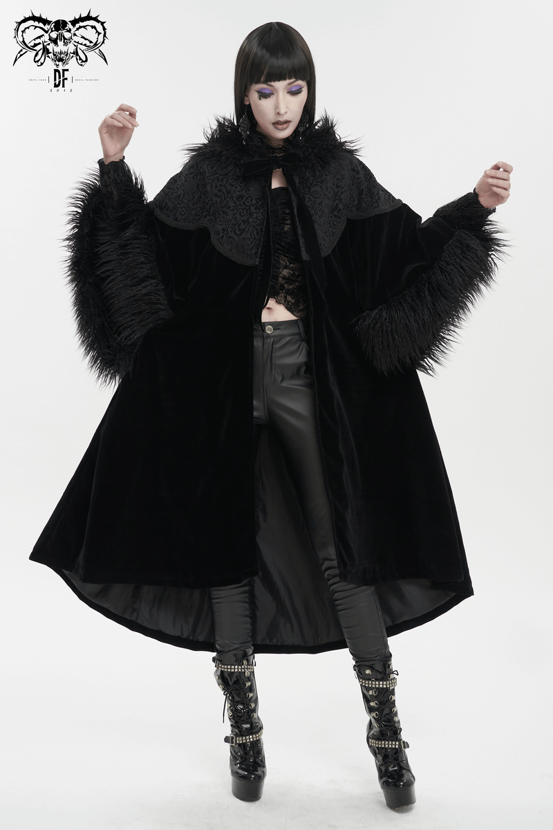 Gothic velvet long cape with fur hood and wide sleeves, perfect for a stylish and warm gothic look.